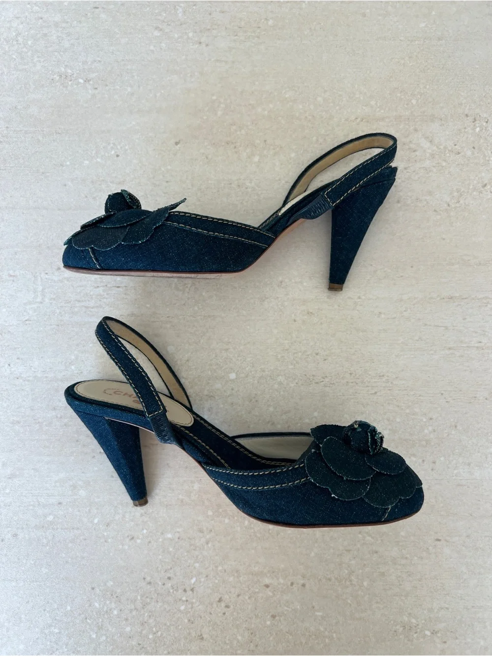 CHANEL Navy Denim Camellia Slingback Heels